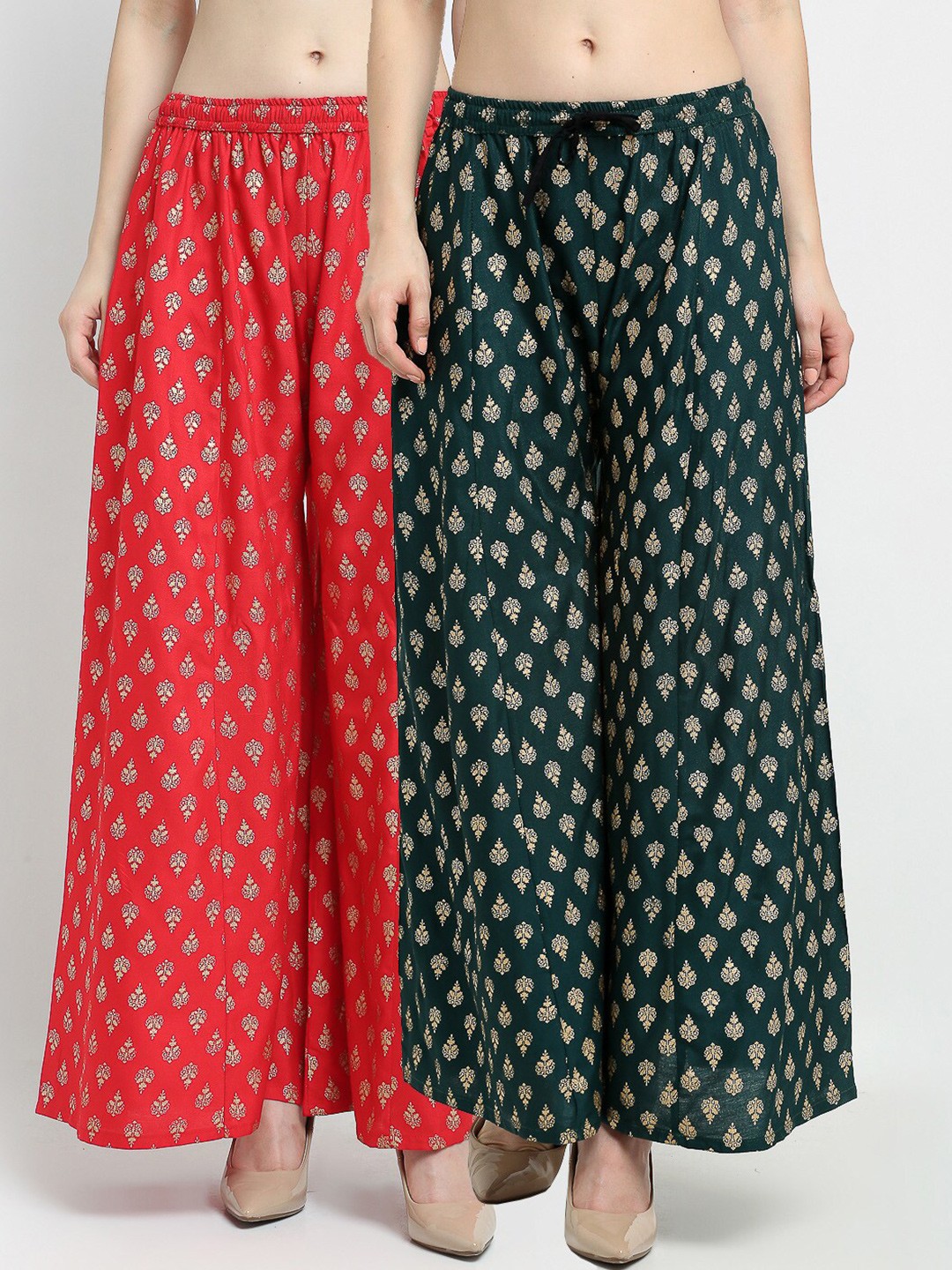 

Jinfo Women Red & Black Set Of 2 Printed Flared Knitted Palazzos