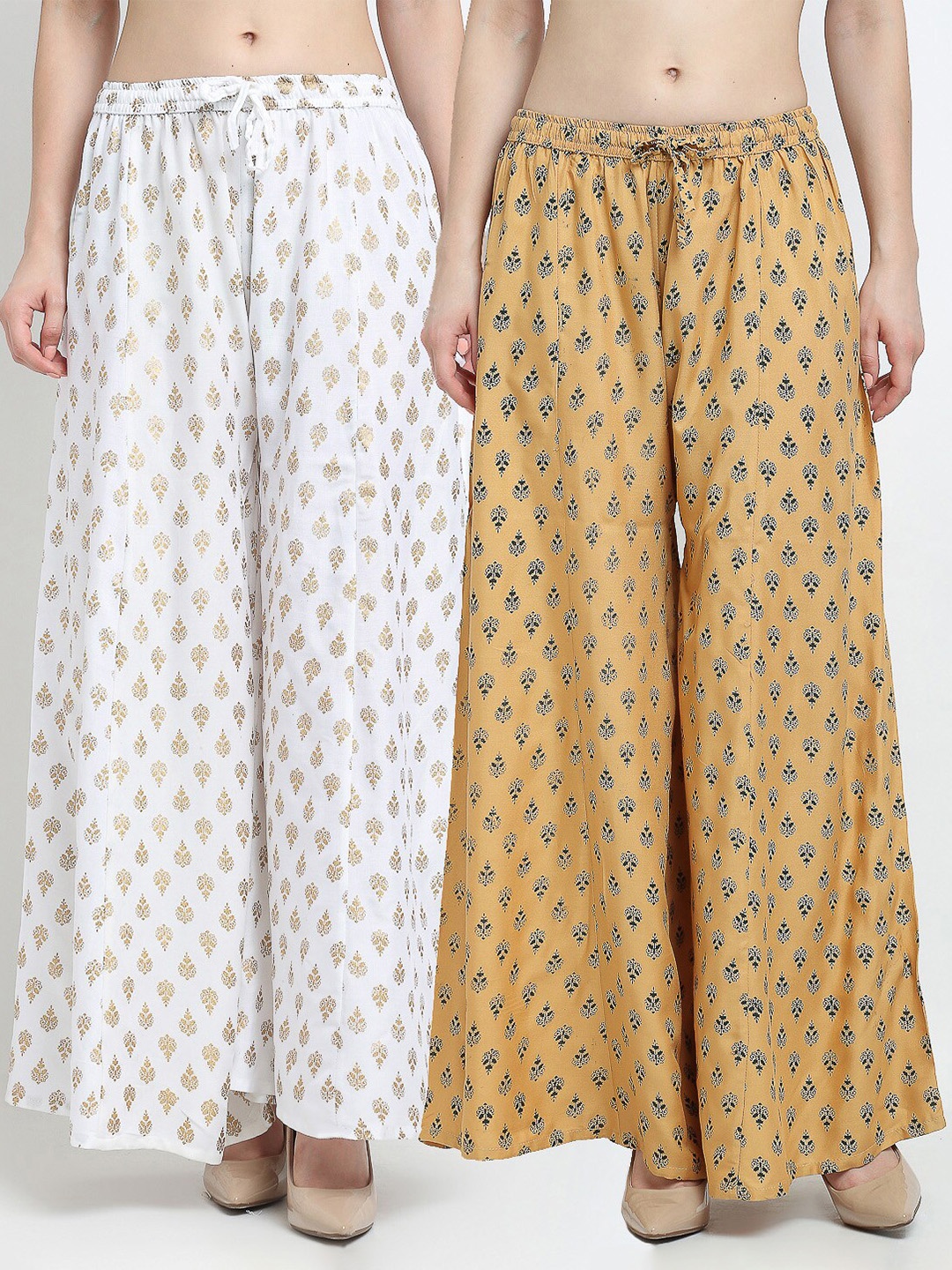 

Jinfo Women White & Beige Set of 2 Floral Printed Flared Knitted Palazzos