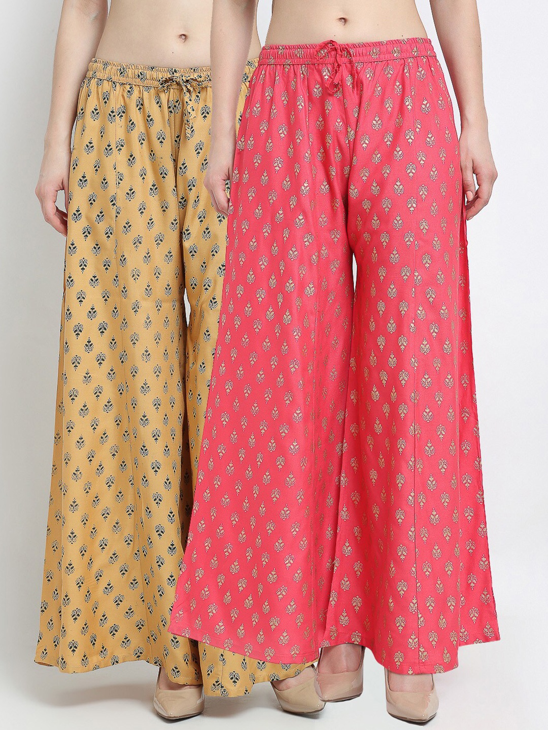 

Jinfo Women Beige & Pink Set Of 2 Ethnic Motifs Printed Flared Knitted Ethnic Palazzos