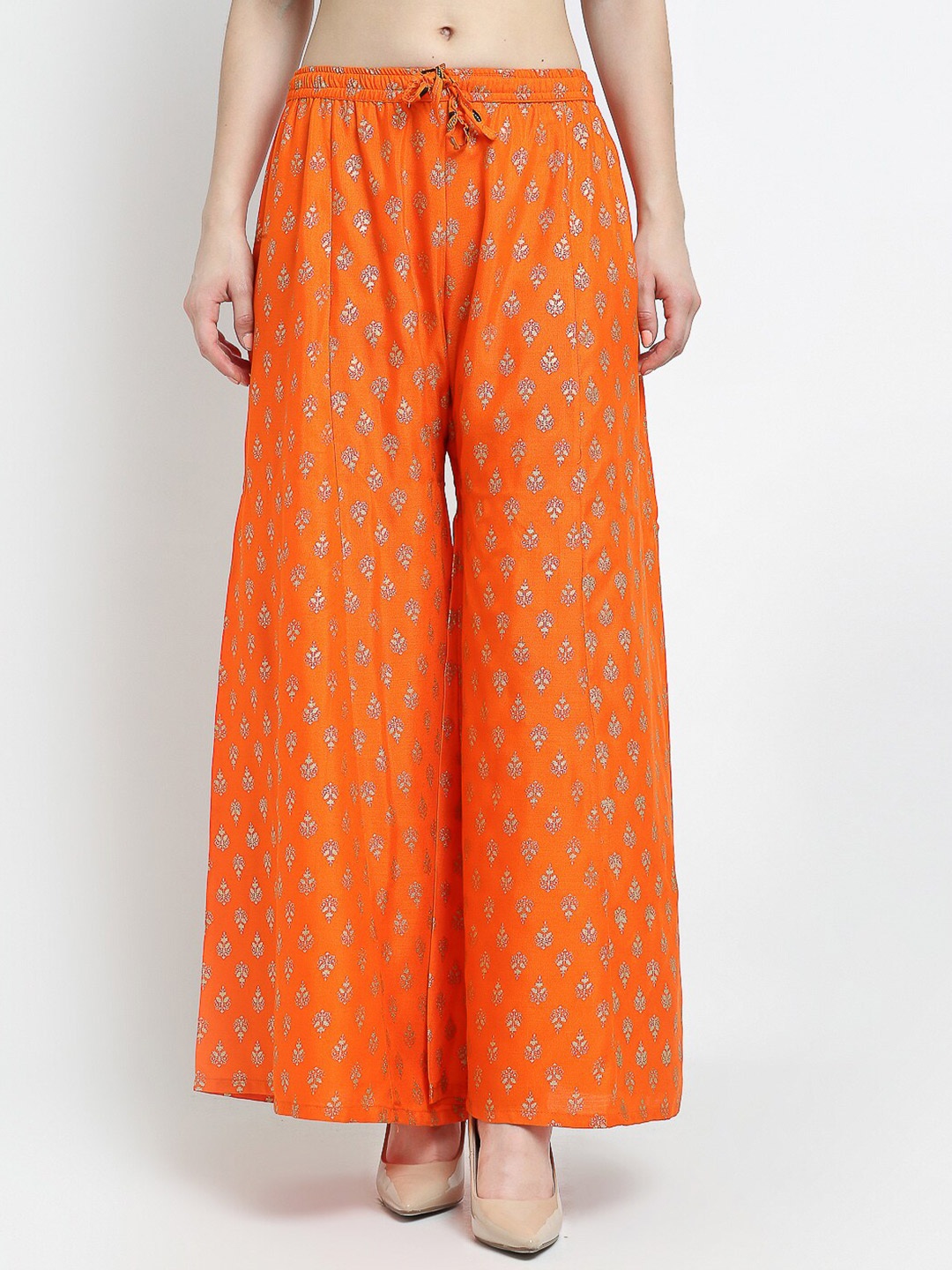 

Jinfo Women Orange & Gold-Toned Ethnic Motifs Printed Flared Knitted Ethnic Palazzos