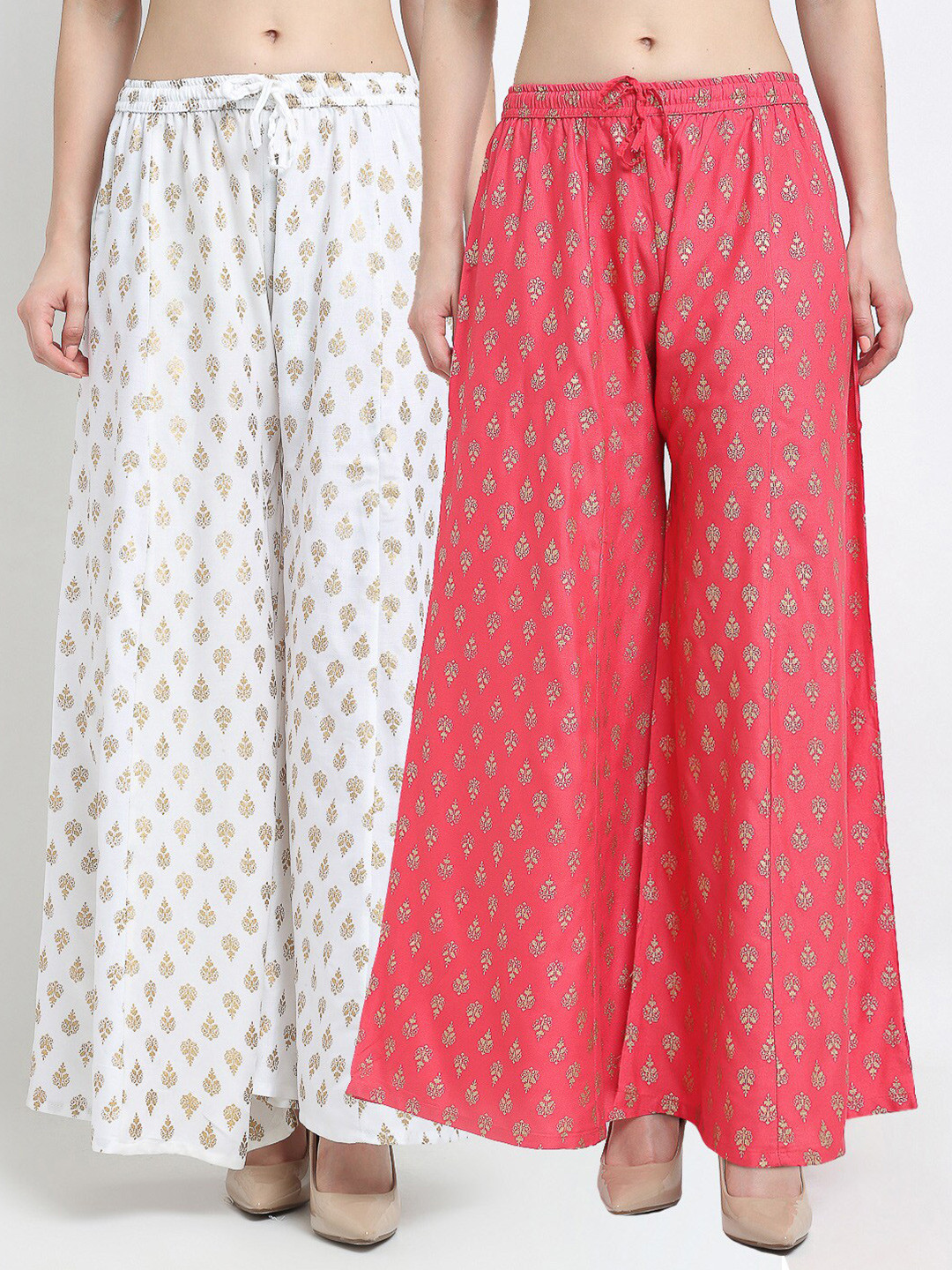 

Jinfo Women White & Pink Pack Of 2 Floral Printed Flared Palazzos
