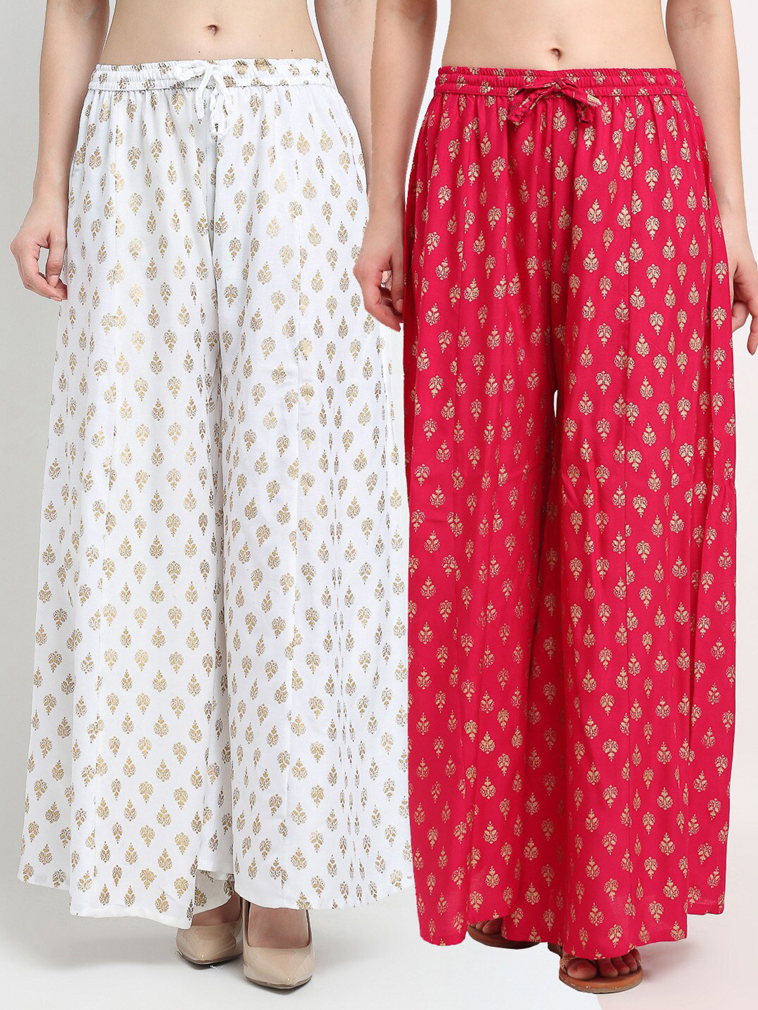 

Jinfo Women White & Pink Ethnic Motifs Printed Flared Ethnic Palazzos Set Of 2