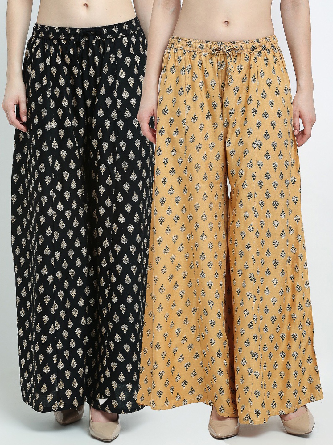 

Jinfo Women Black & Beige Pack Of 2 Floral Printed Flared Ethnic Palazzos