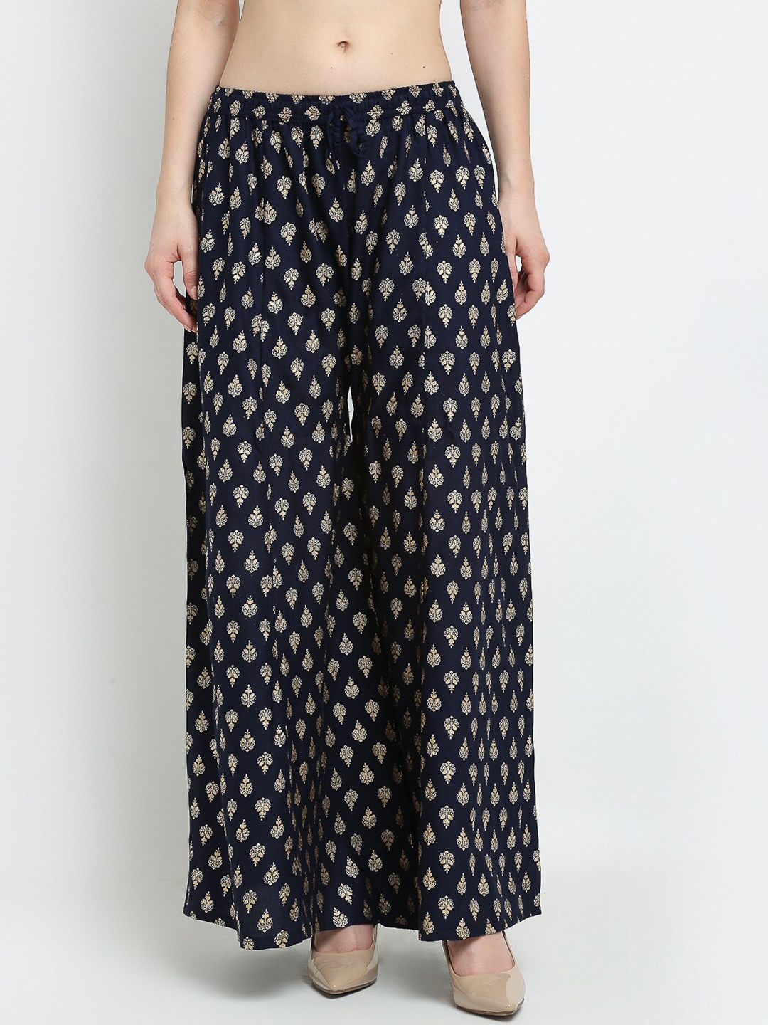 

Jinfo Women Navy Blue Ethnic Motifs Printed Flared Knitted Ethnic Palazzos