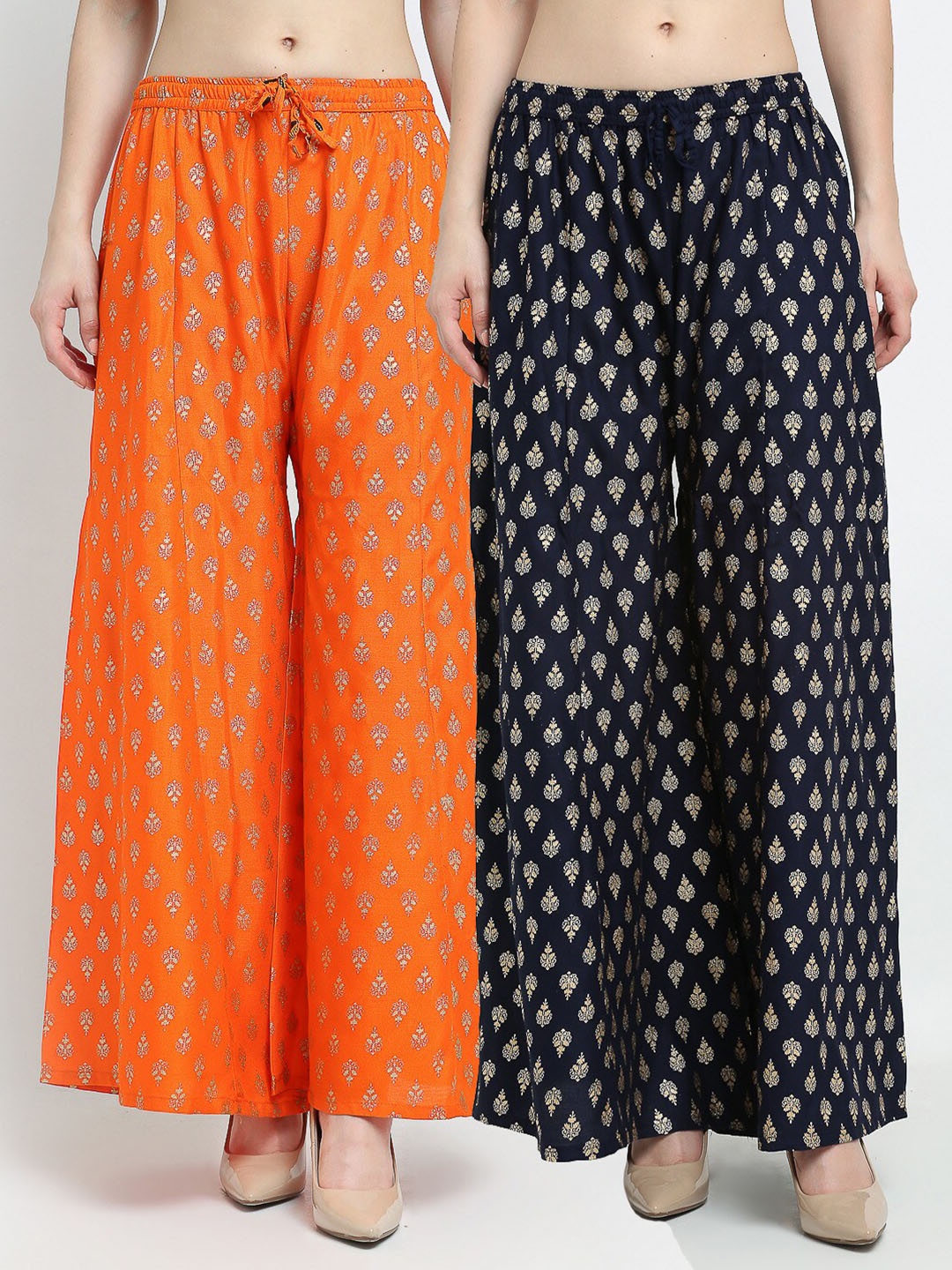

Jinfo Women Orange & Blue Pack Of 2 Floral Printed Flared Palazzos