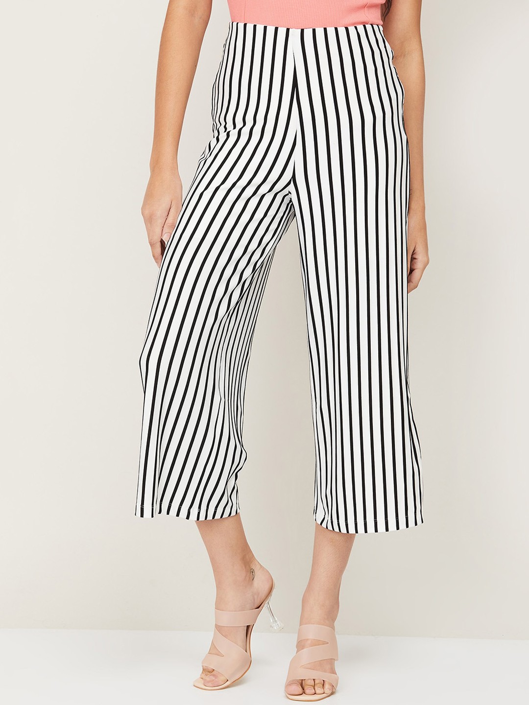 

CODE by Lifestyle Women White & Black Striped High-Rise Culottes Trousers