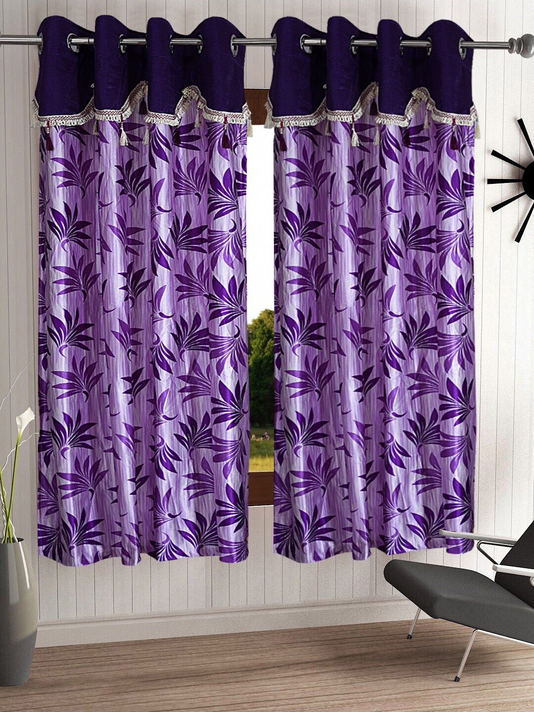 

Cortina Purple Set of 2 Fancy Valance Floral Printed Window Curtains