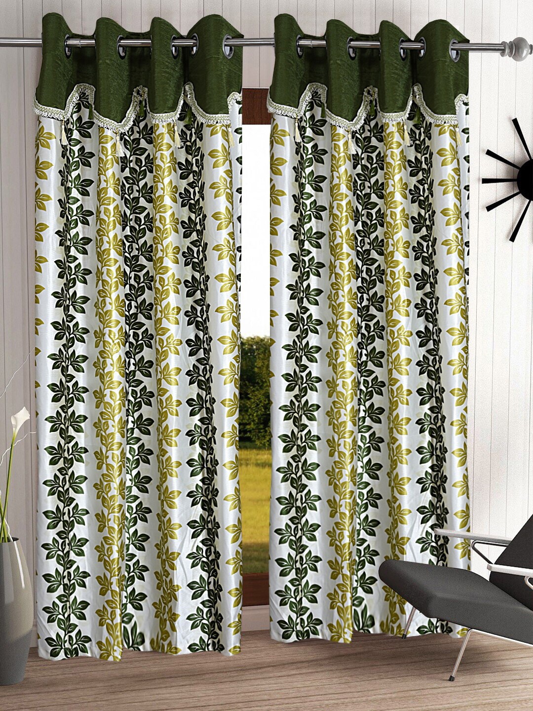 

Cortina Olive Green & White Set of 2 Fancy Valance Floral Printed Door Curtains