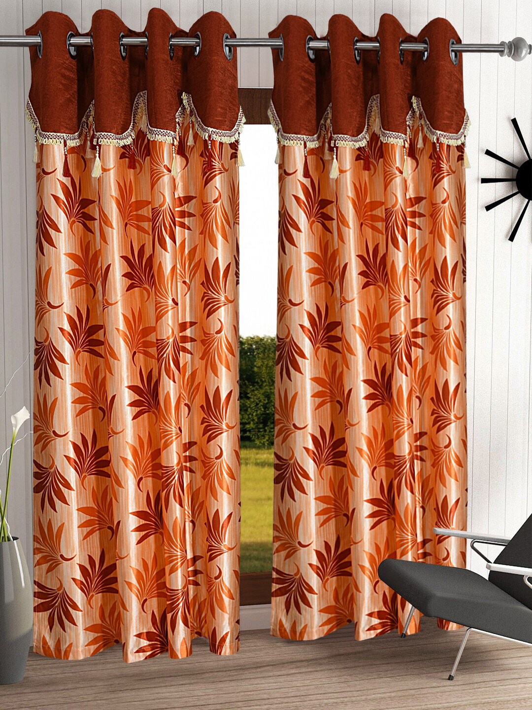 

Cortina Orange Set of 2 Floral Printed Regular Door Curtain