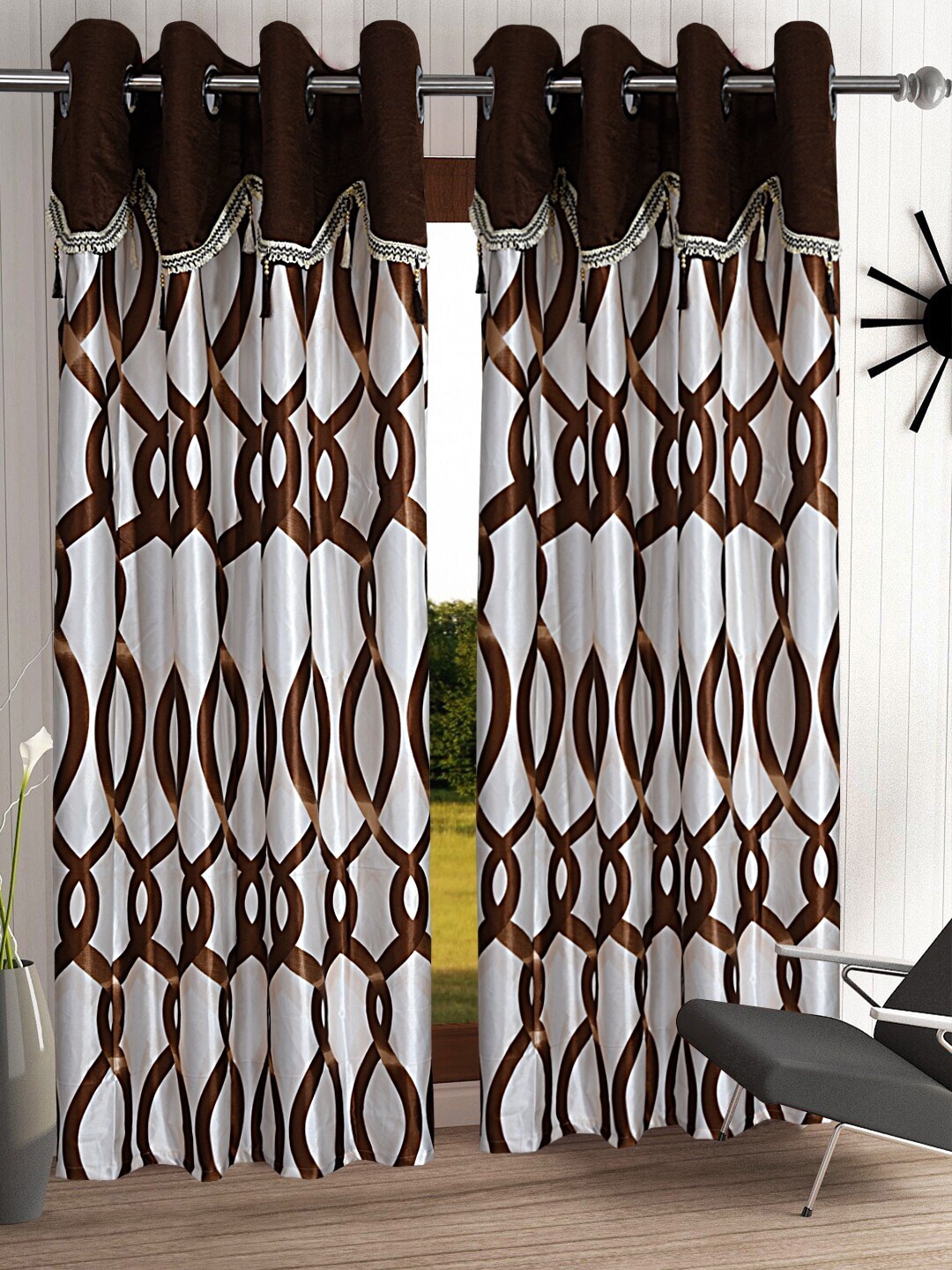 

Cortina Brown & White Set of 2 Fancy Valance Abstract Printed Door Curtains