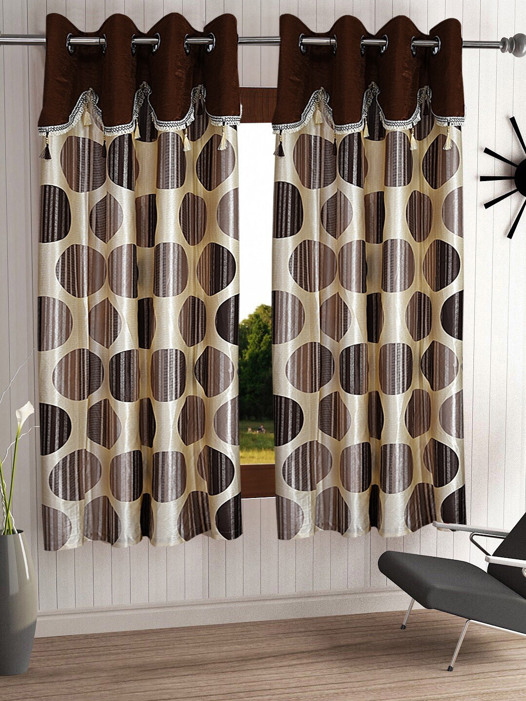 

Cortina Brown & Cream-coloured Set of 2 Fancy Valance Polka Printed Window Curtains