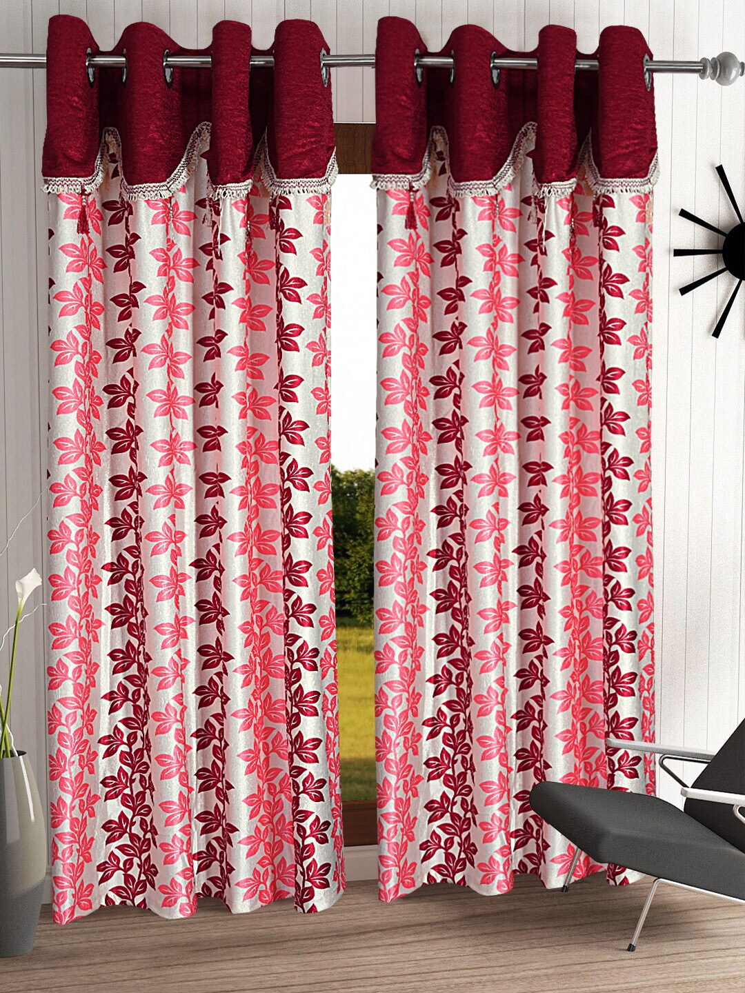 

Cortina Maroon & White Set of 2 Fancy Valance Floral Printed Door Curtains