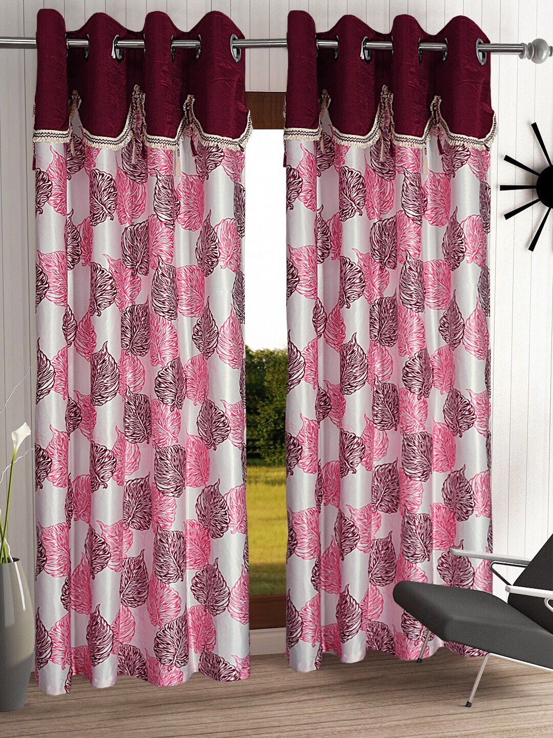 

Cortina Maroon & White Set of 2 Fancy Valance Leaf Printed Door Curtains