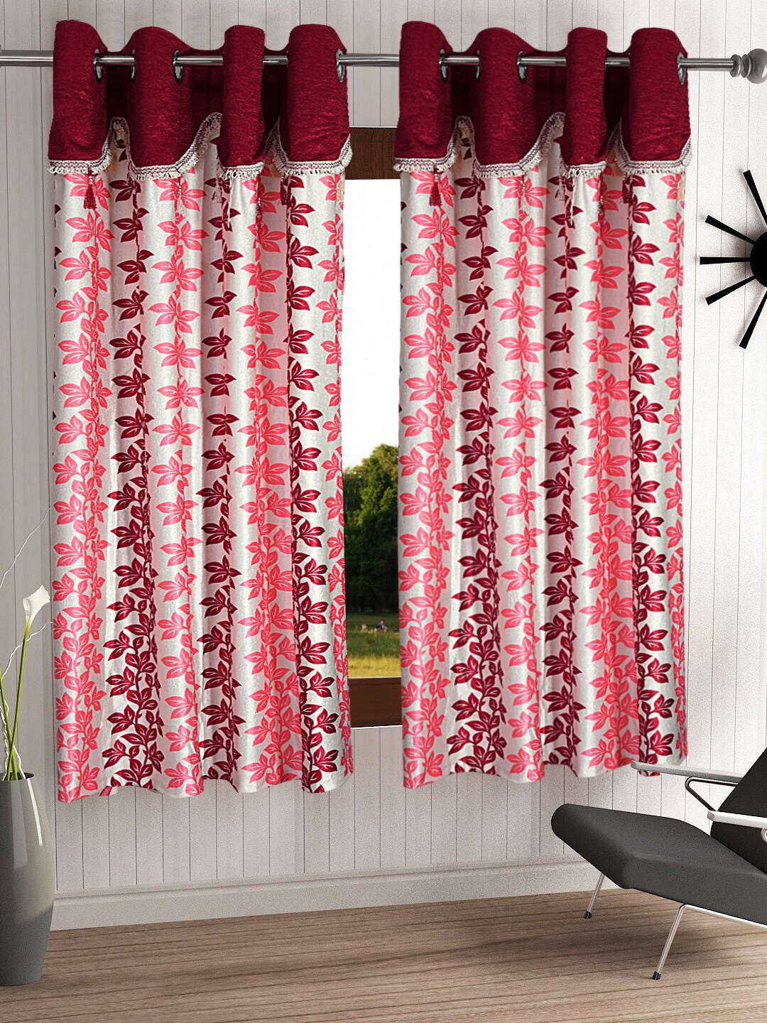 

Cortina Maroon & White Set of 2 Fancy Valance Floral Printed Window Curtains