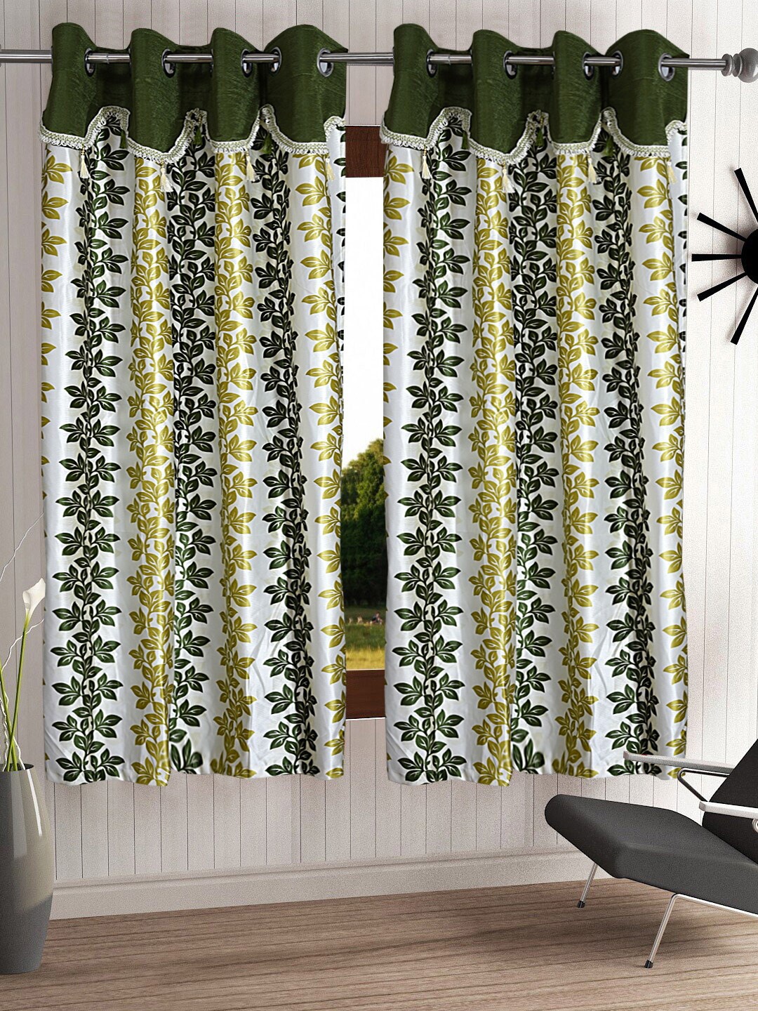 

Cortina Olive Green & White Set of 2 Fancy Valance Floral Printed Window Curtains