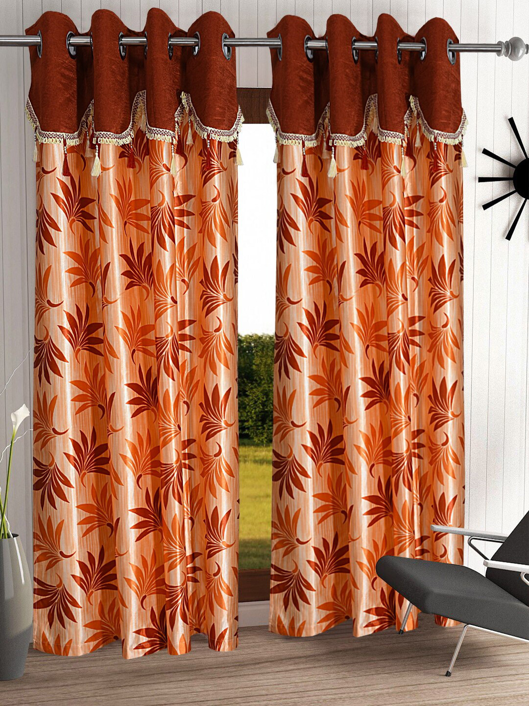

Cortina Orange Set of 2 Fancy Valance Floral Printed Long Door Curtains