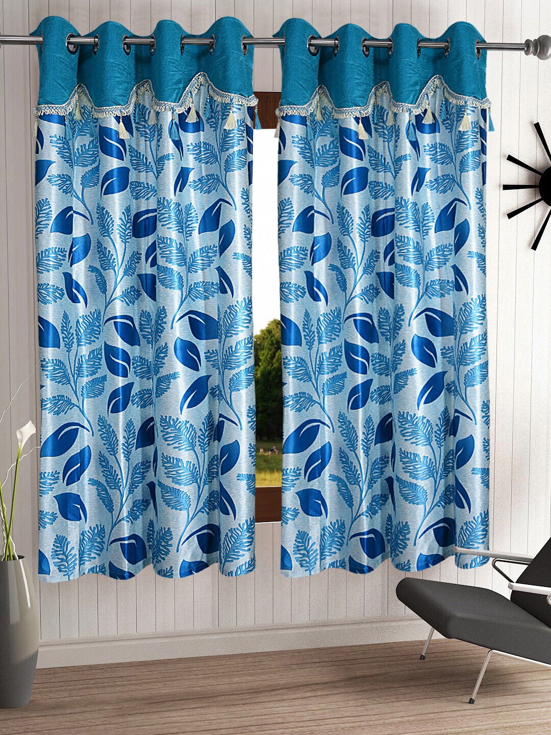 

Cortina Blue & White Set of 2 Fancy Valance Floral Printed Window Curtains