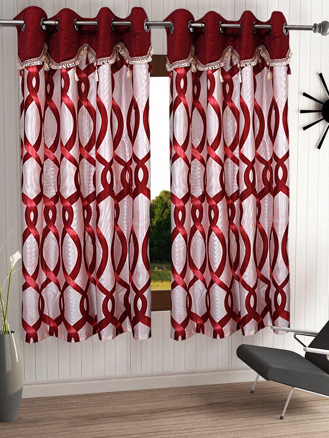 

Cortina Maroon & White Set of 2 Fancy Valance Abstract Printed Window Curtains