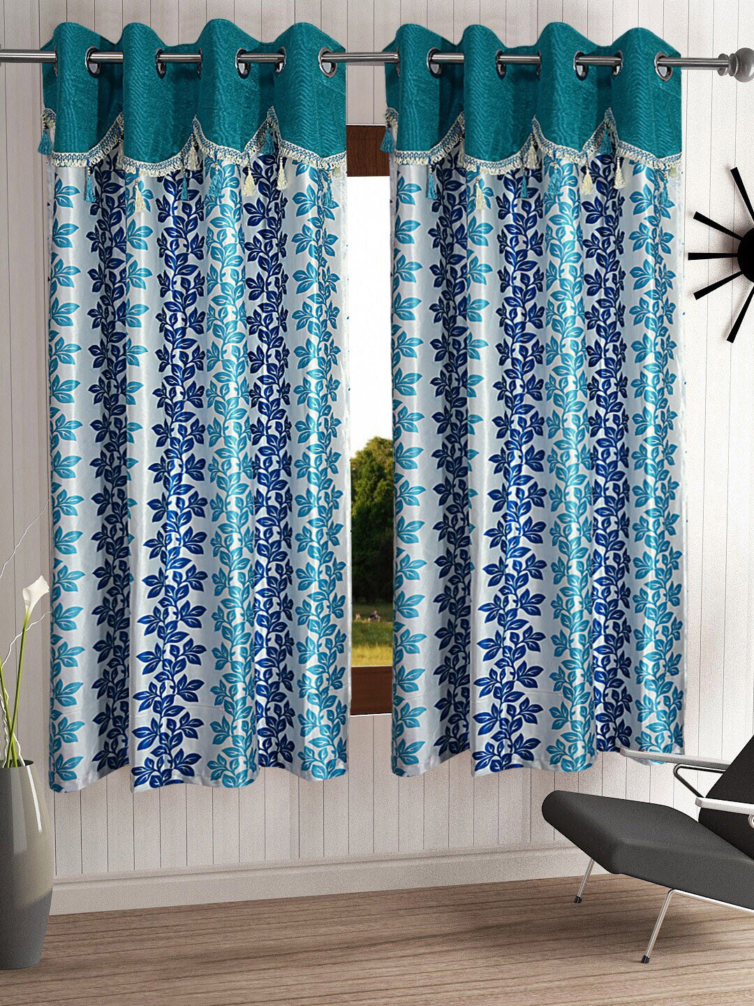 

Cortina Blue & White Set Of 2 Fancy Valance Floral Printed Window Curtains