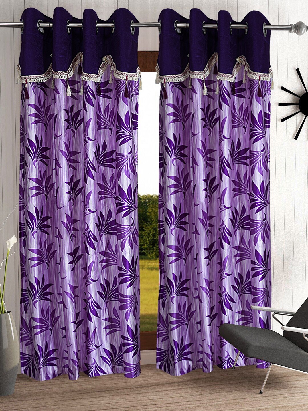 

Cortina Purple Set of 2 Fancy Valance Floral Printed Door Curtains