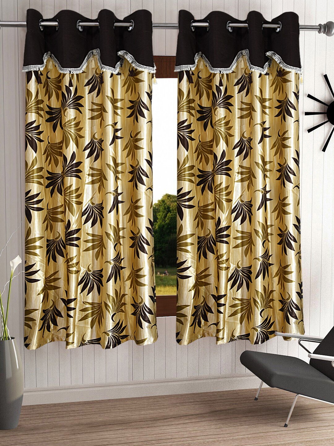

Cortina Brown Set of 2 Fancy Valance Floral Printed Window Curtains