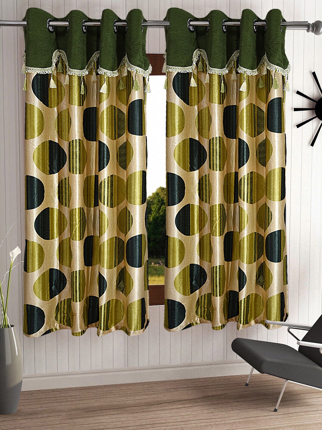 

Cortina Olive Green & Cream-Coloured Set of 2 Fancy Valance Polka Printed Window Curtains