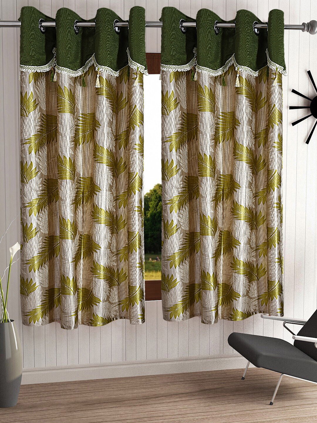 

Cortina Set of 2 Green & Beige Fancy Valance Floral Printed Window Curtains