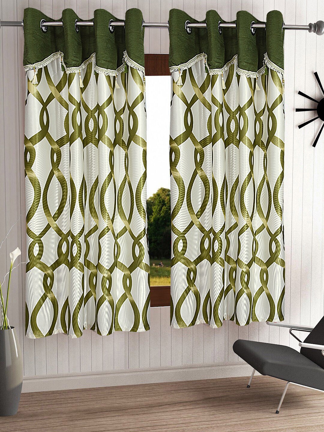 

Cortina Olive Green & White Set of 2 Fancy Valance Abstract Printed Window Curtains