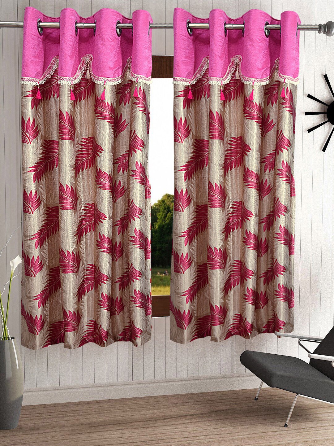 

Cortina Pink & Beige Set of 2 Fancy Valance Floral Printed Window Curtain