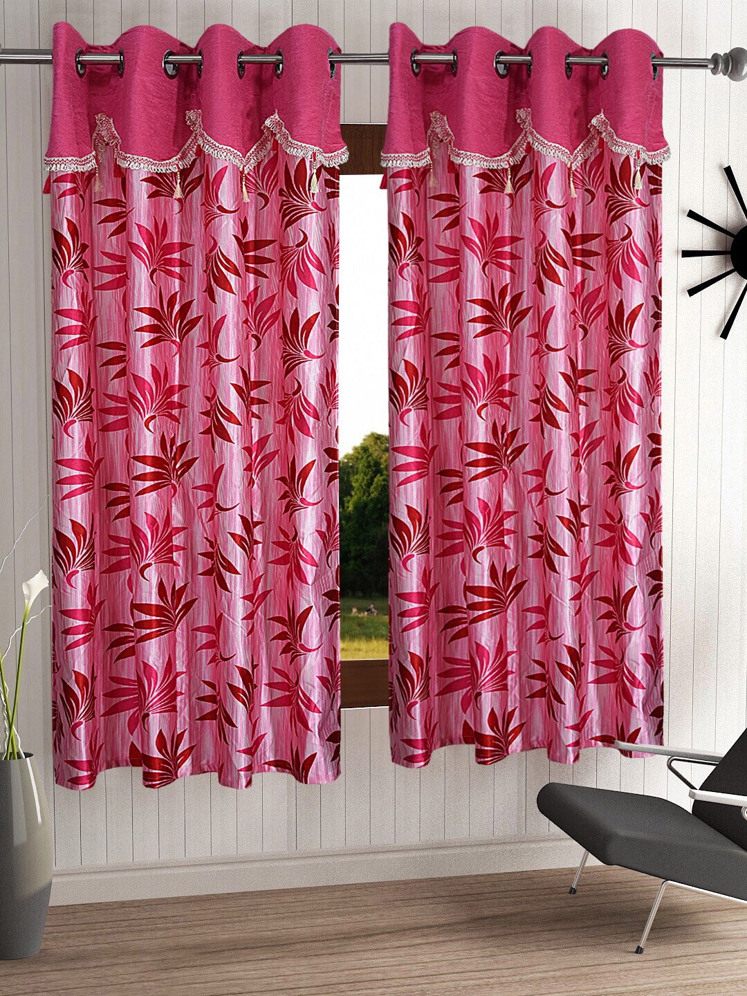 

Cortina Pink Set of 2 Fancy Valance Floral Printed Window Curtains