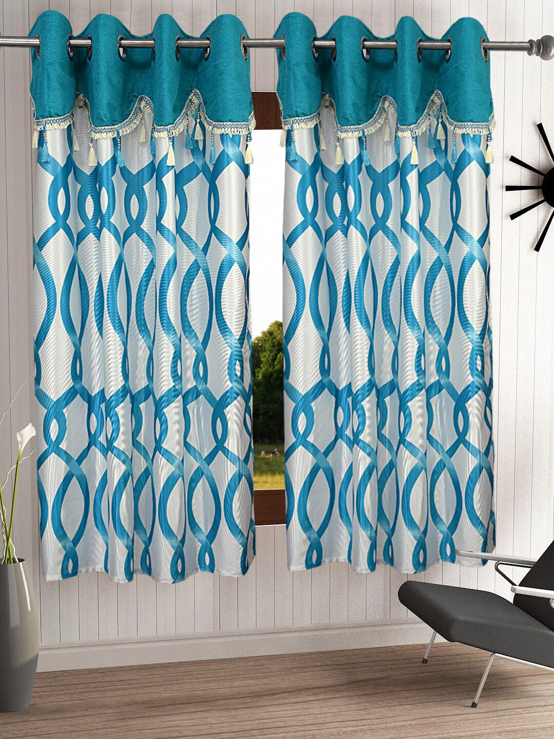 

Cortina Blue & White Set of 2 Fancy Valance Abstract Printed Window Curtains