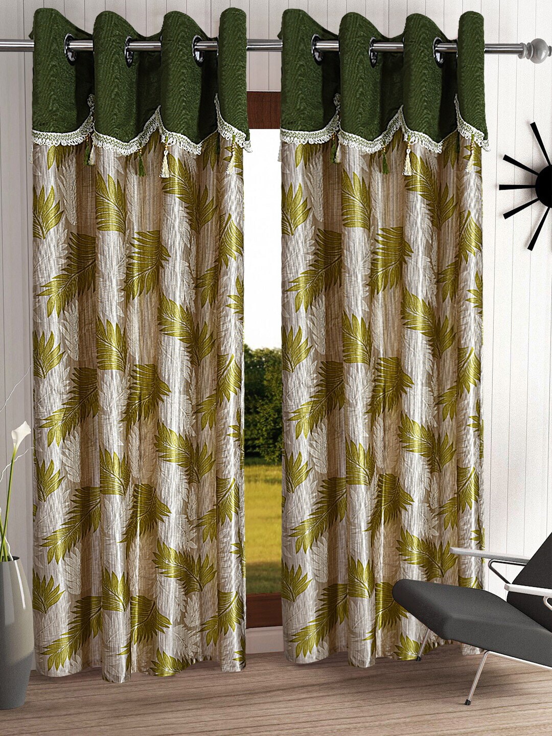 

Cortina Green & Beige Set of 2 Fancy Valance Floral Printed Door Curtains