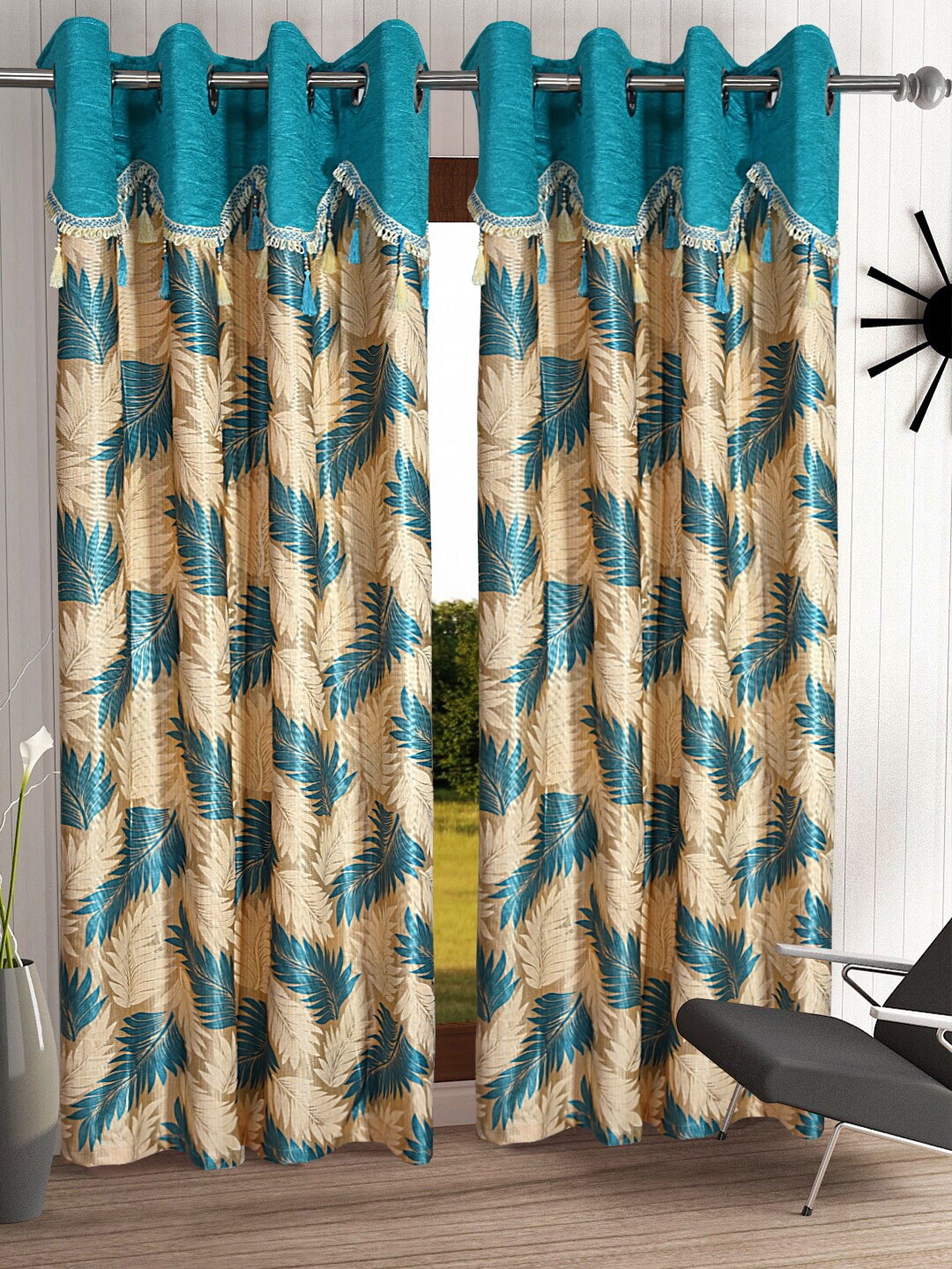 

Cortina Blue & Beige Set of 2 Fancy Valance Floral Printed Long Door Curtains