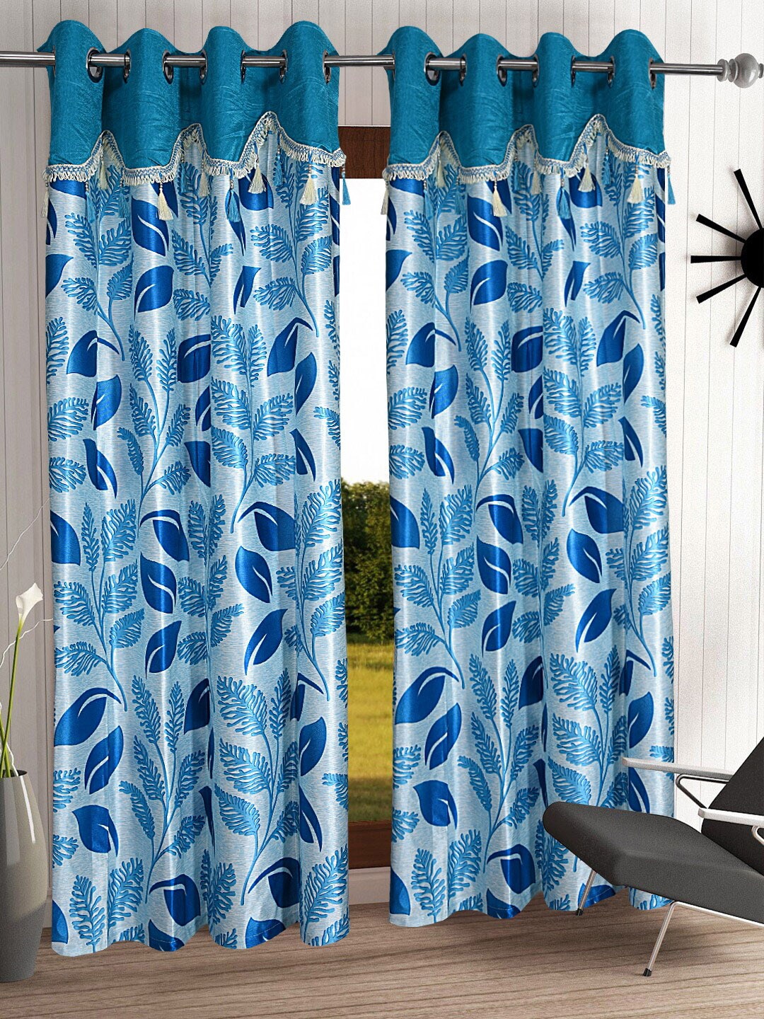 

Cortina Blue & White Set of 2 Fancy Valance Floral Printed Long Door Curtains