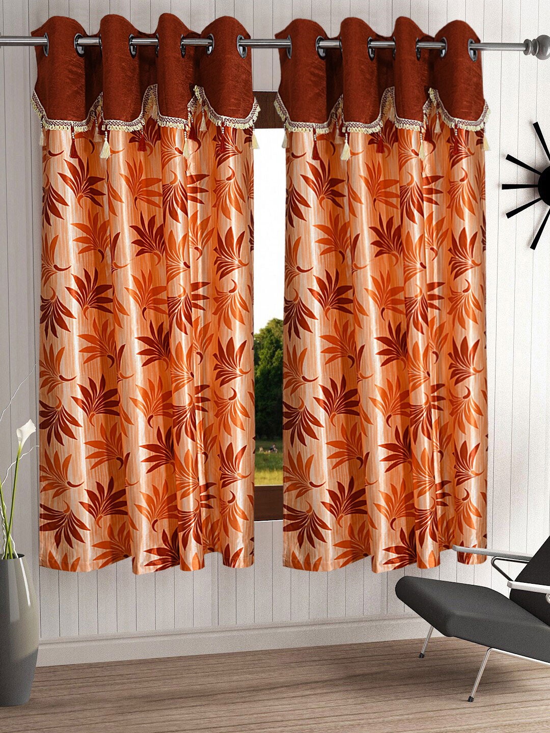 

Cortina Orange Set of 2 Fancy Valance Floral Printed Window Curtains