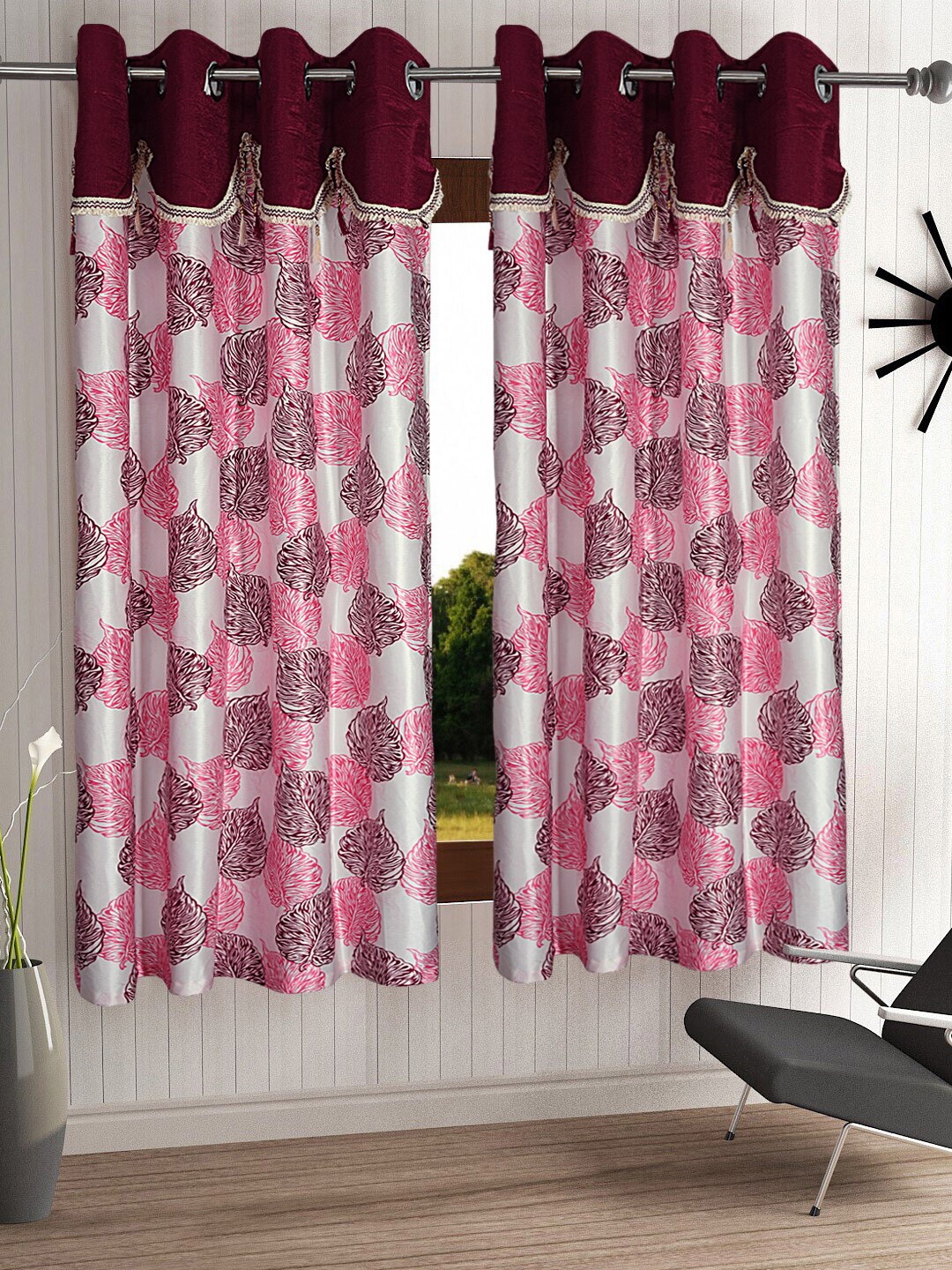 

Cortina Maroon & White Set of 2 Fancy Valance Leaf Printed Window Curtains