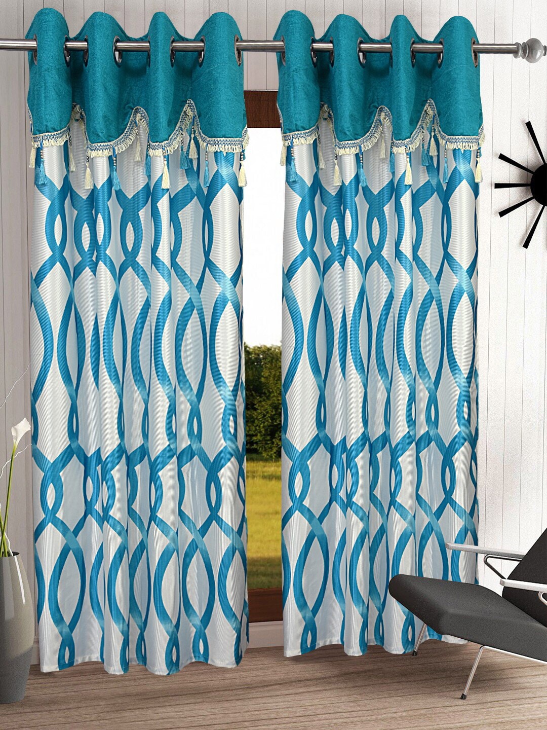 

Cortina Blue & White Set of 2 Fancy Valance Abstract Printed Door Curtains