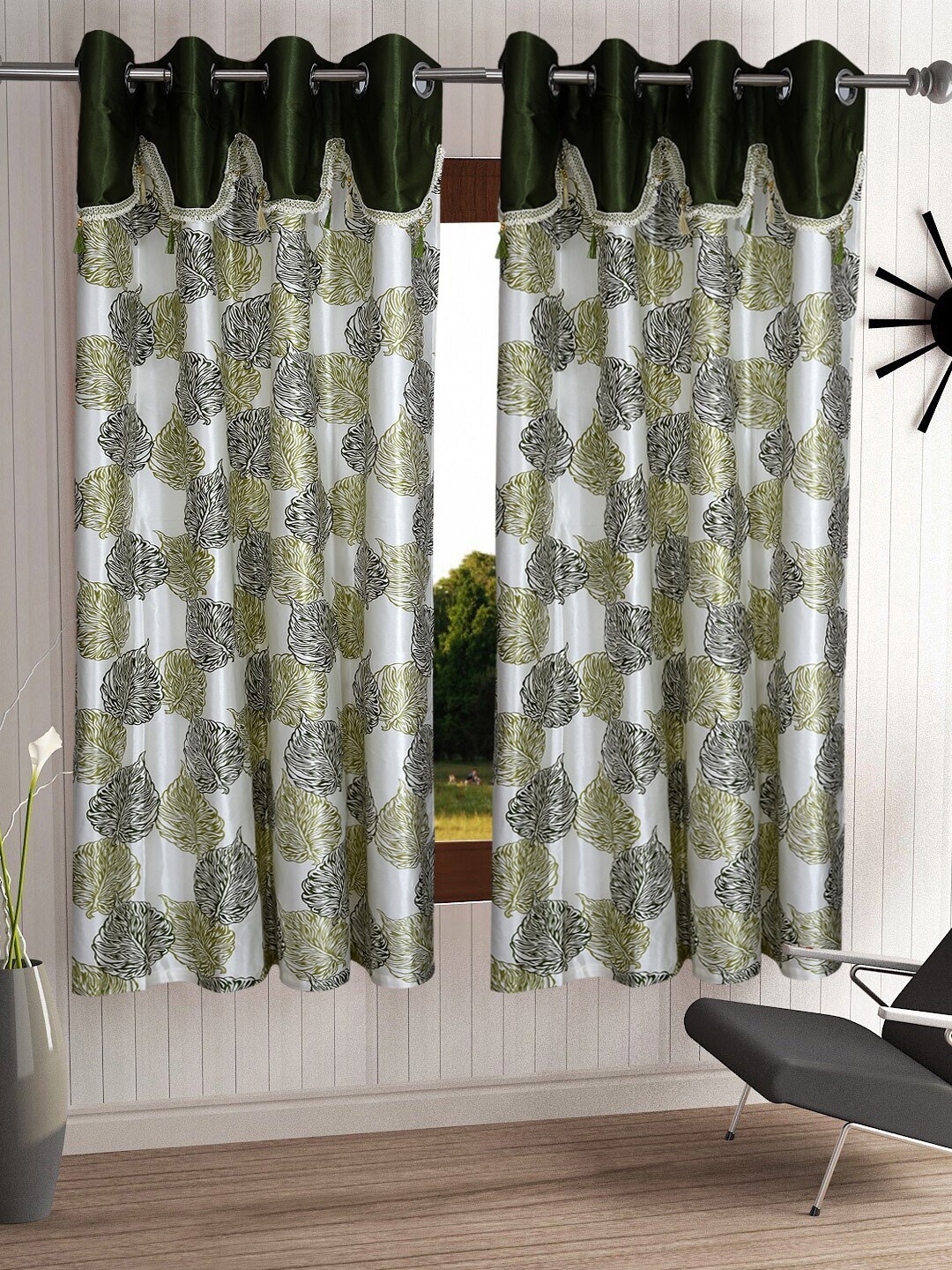 

Cortina Olive Green & White Set of 2 Fancy Valance Leaf Printed Window Curtains