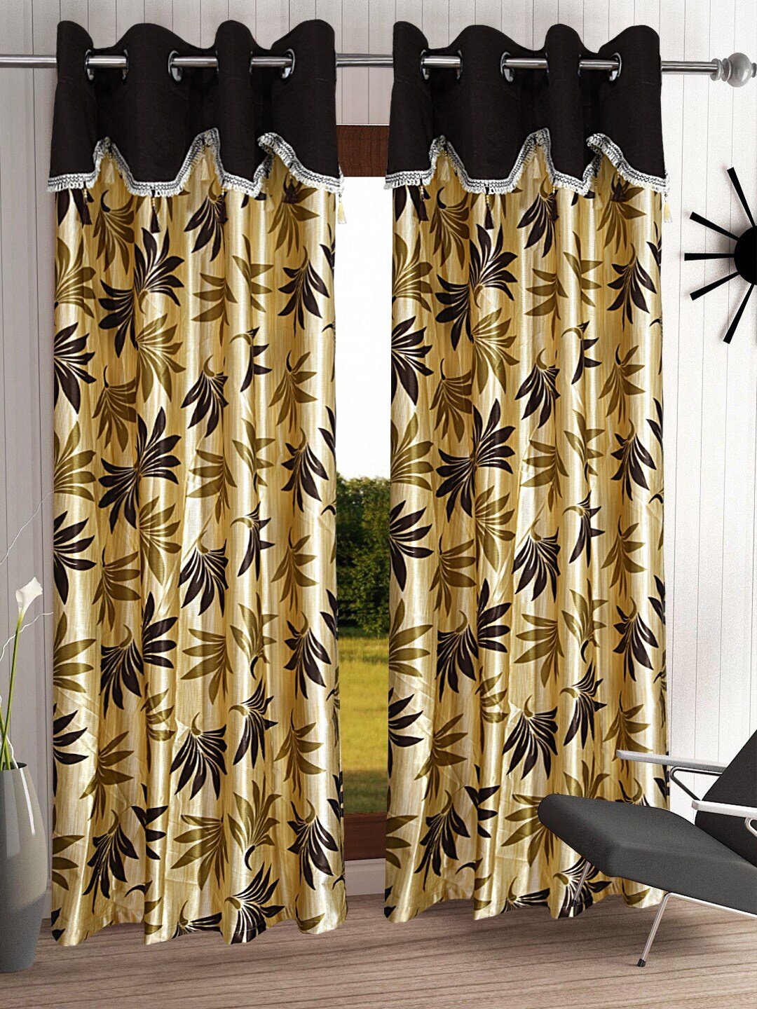 

Cortina Brown Set of 2 Fancy Valance Floral Printed Door Curtains