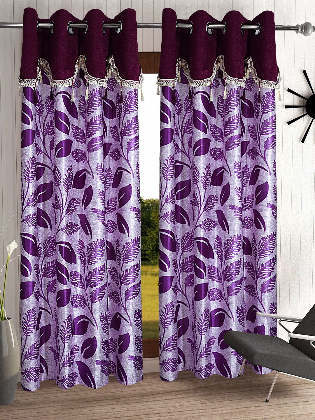 

Cortina Purple & White Set of 2 Fancy Valance Floral Printed Door Curtains
