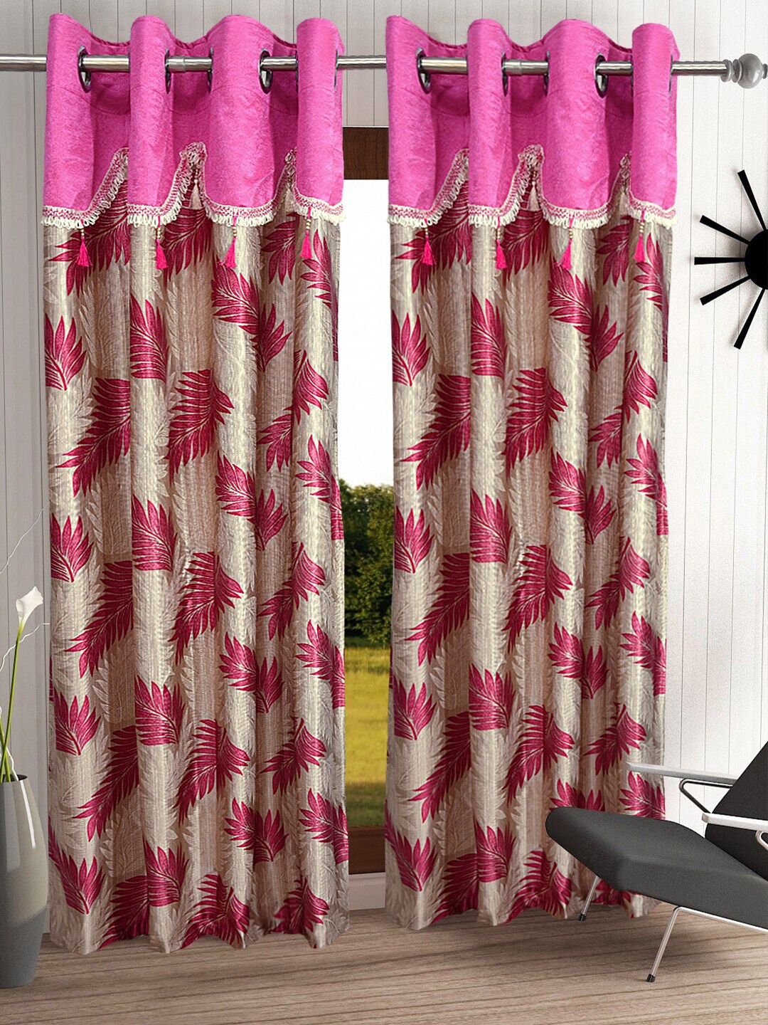 

Cortina Set of 2 Pink & Beige Fancy Valance Floral Printed Door Curtains