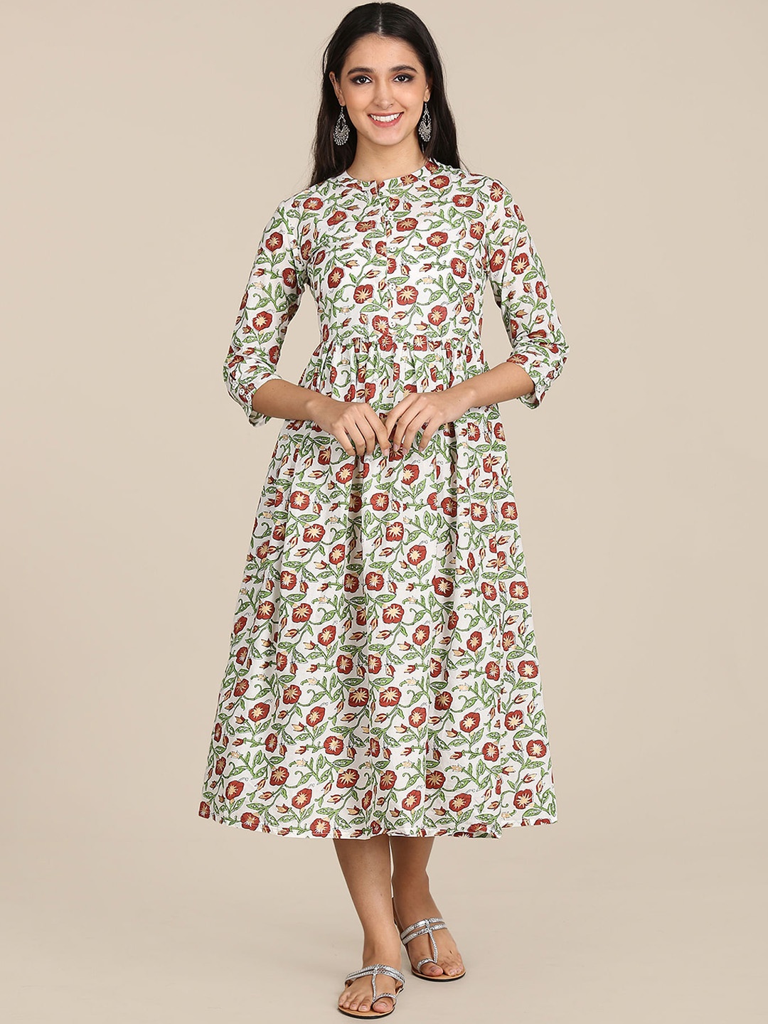 

Karigari White Floral A-Line Midi Dress
