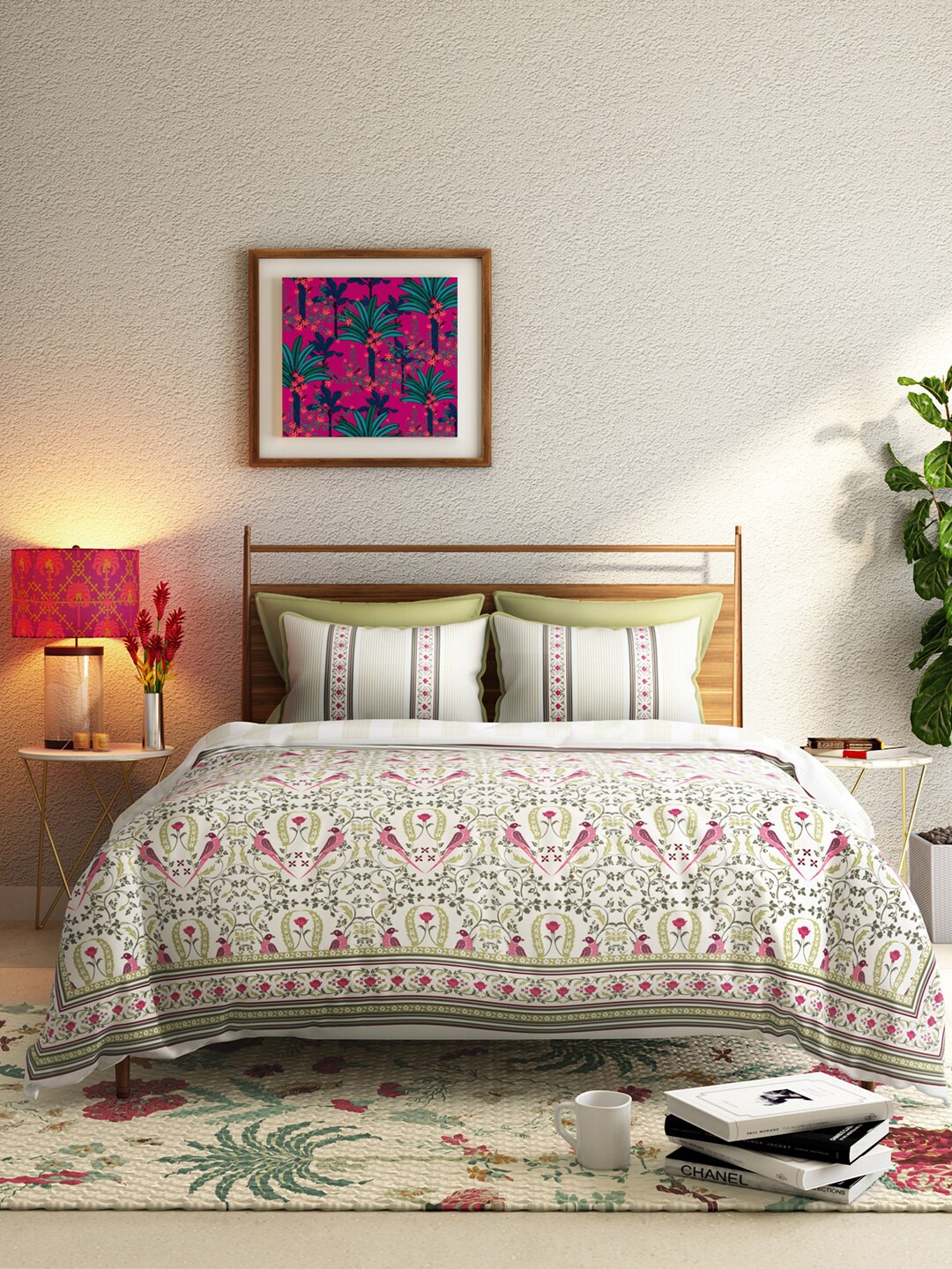 

India Circus by Krsnaa Mehta White & Green Ethnic Motifs AC Room Double Bed Dohar