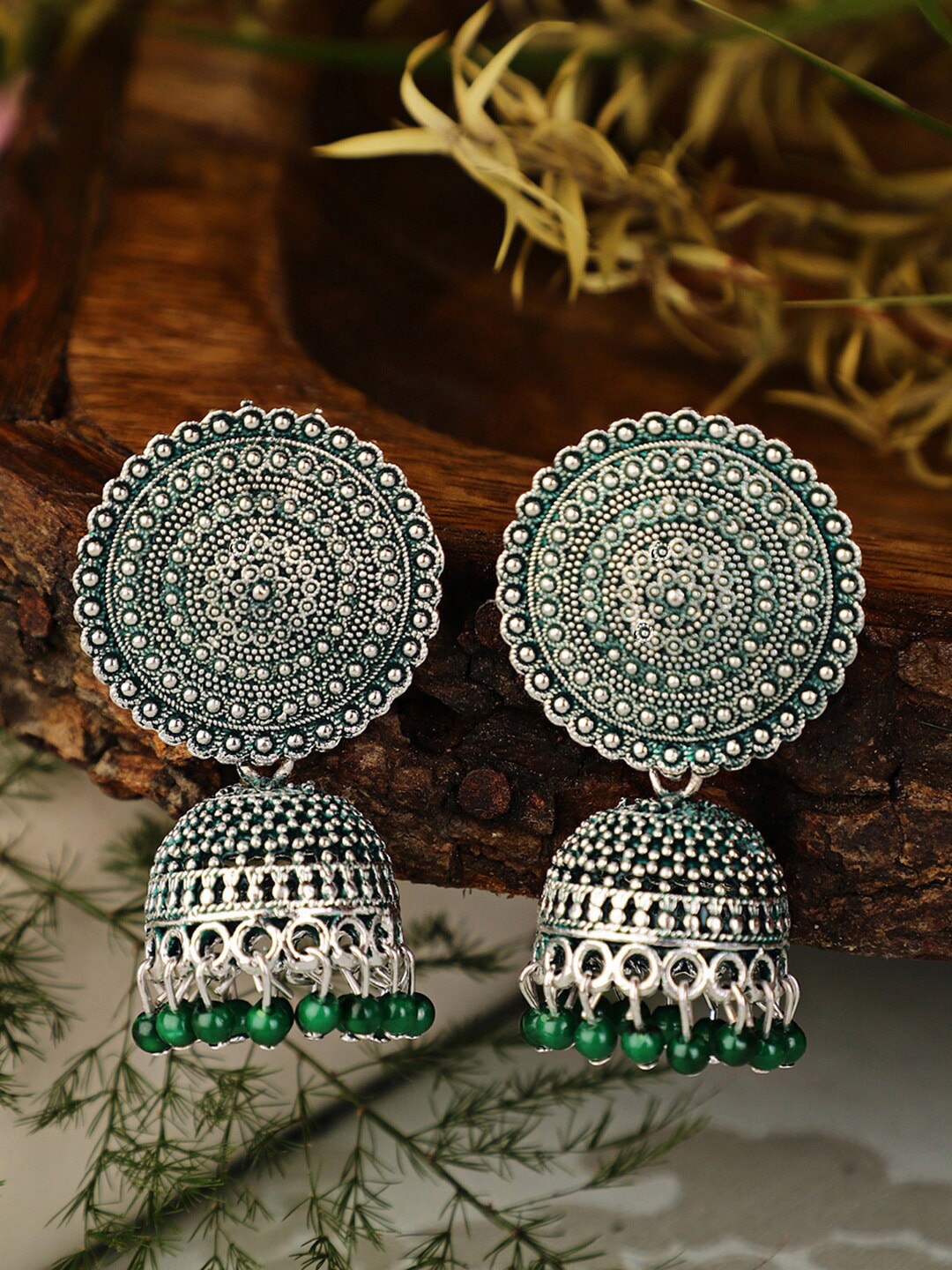 

Shining Diva Green & Silver-Toned Contemporary Oxidized Jhumkas Earrings