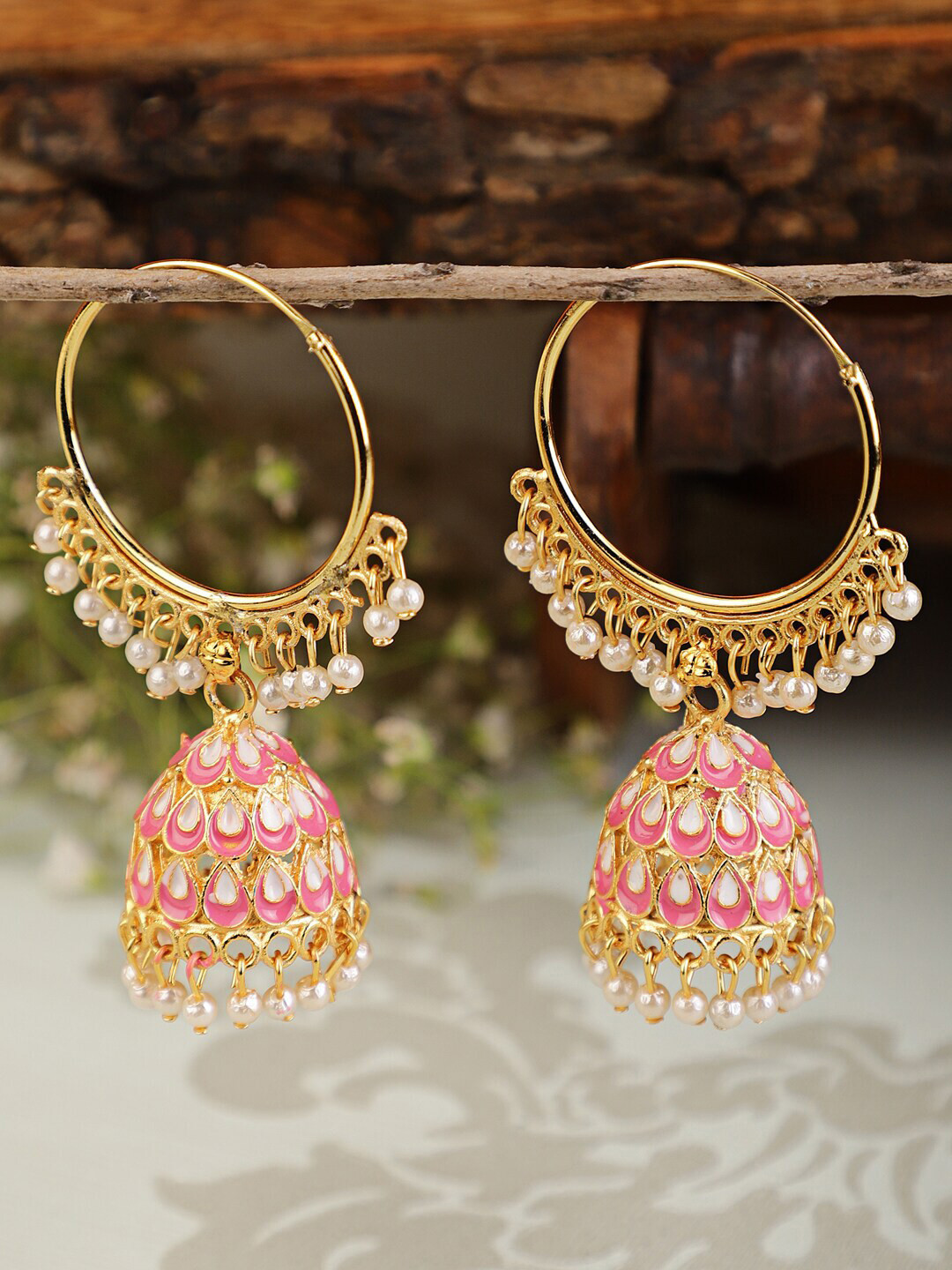 

Shining Diva Gold-Toned & Pink Contemporary Jhumkas Earrings