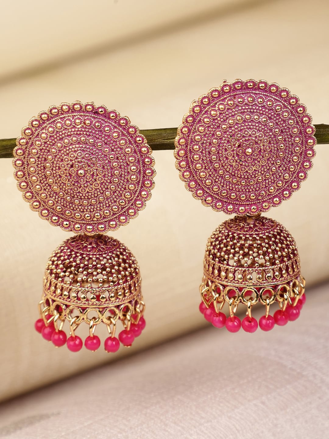 

Shining Diva Gold-Plated Pink Beaded Jhumkas Earrings