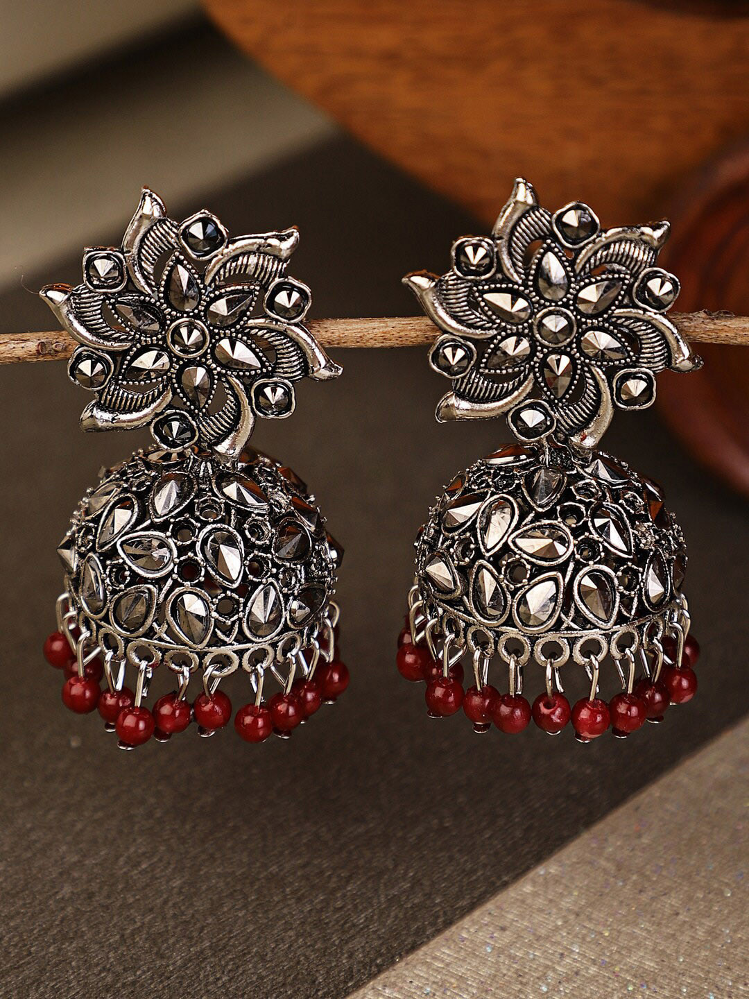 

Shining Diva Silver-Plated Red Contemporary Jhumkas Earrings