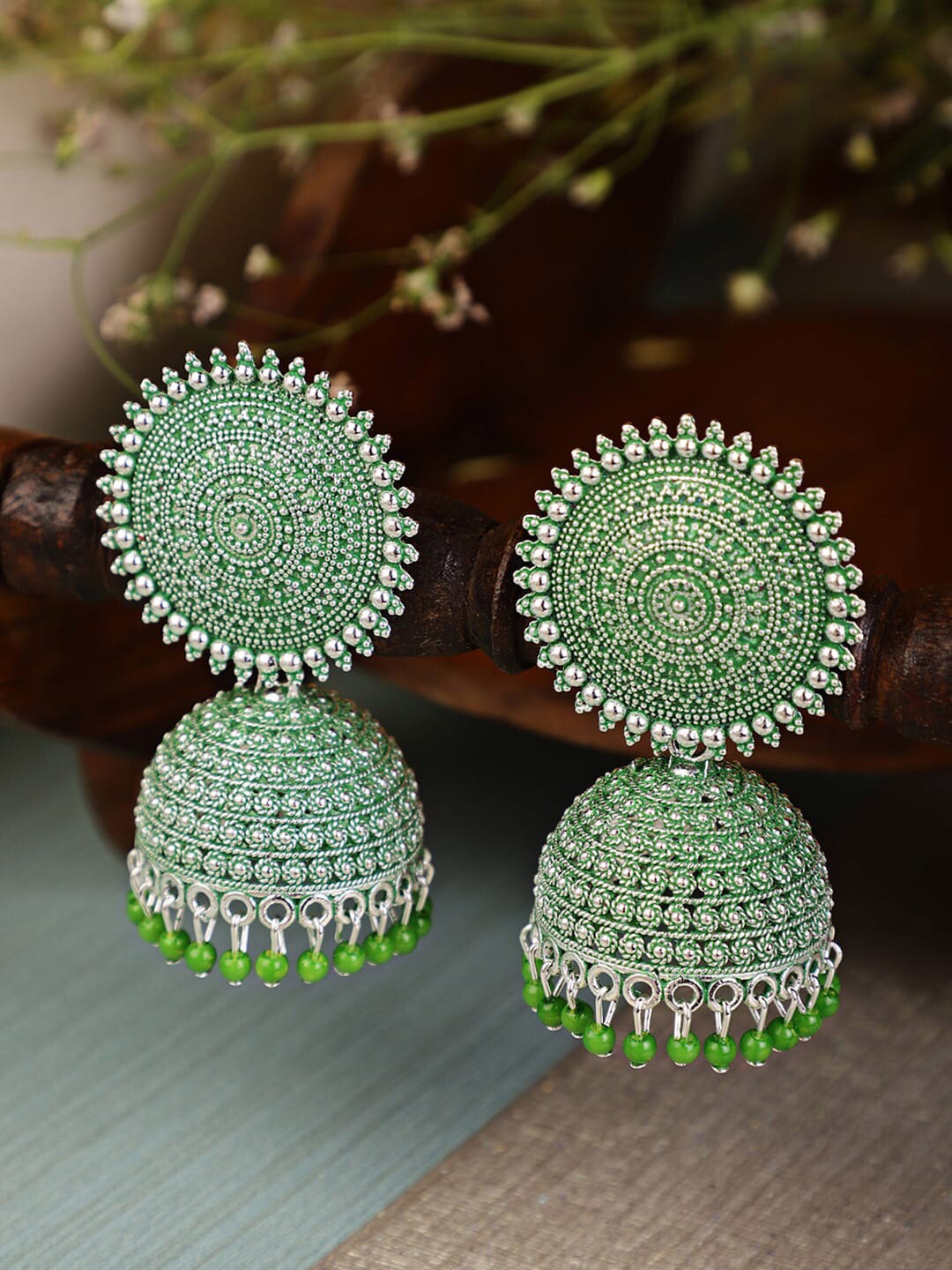 

Shining Diva Women Green Oxidized Contemporary Jhumkas Earrings