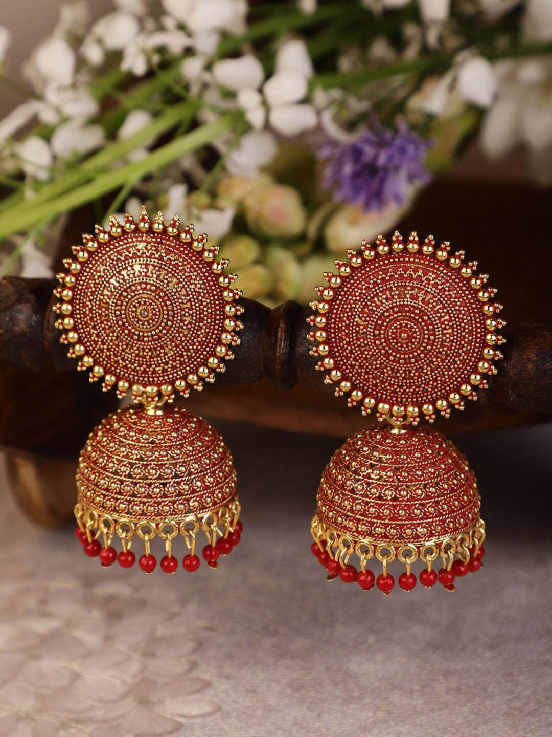 

Shining Diva Gold-Plated & Red Classic Jhumkas