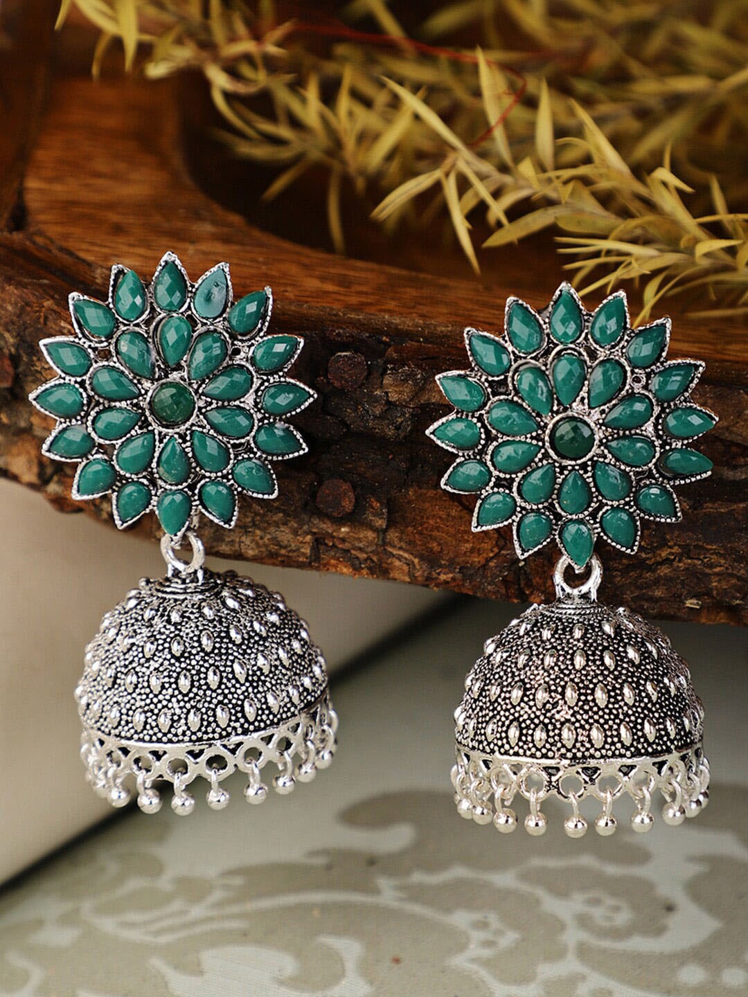 

Shining Diva Green & Silver-Toned Contemporary Jhumkas Earrings